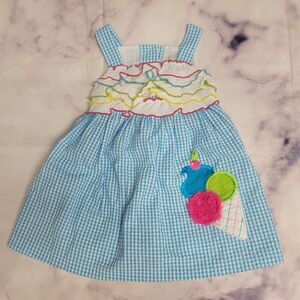 Rare, Too! Blue Gingham Seersucker Ice Cream Patch Ruffle Dress 2T